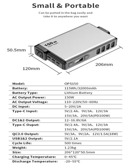 Portable Laptop Charger 32000mAh 150wh Portable Power Bank 150W AC Outlet Pure Sine Wave Pd 100W QC 3.0 18W 